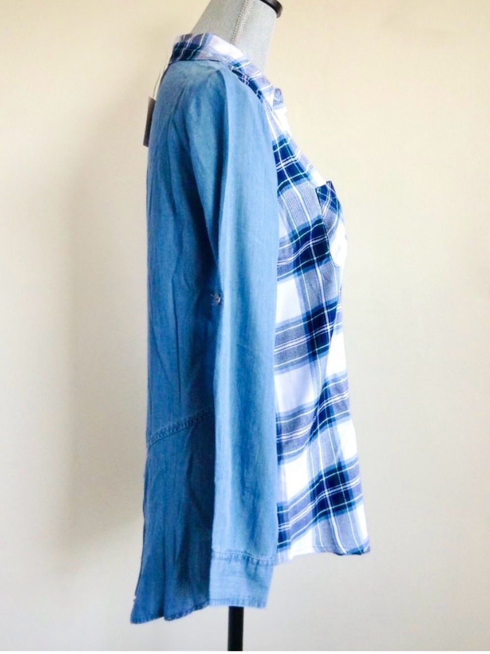 NWT BeachLunchLounge Elly Plaid Chambray Button Down Shirt White Blue Blouse XS